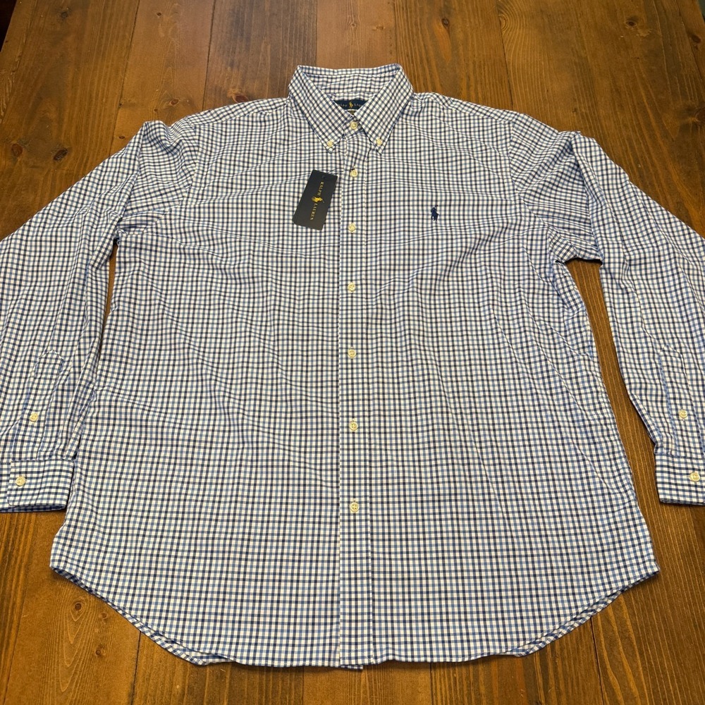 NWT Polo Ralph Lauren Mens Gingham Stretch Performance Shirt Blue White Size XXL